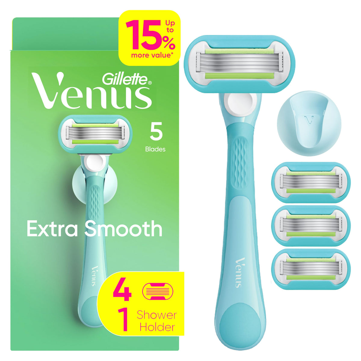 Gillette Venus front packaging showing handle and four refills for clear product view and convenience
