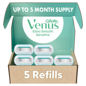 Gillette Venus front packaging showing five refill cartridges for convenient replacement