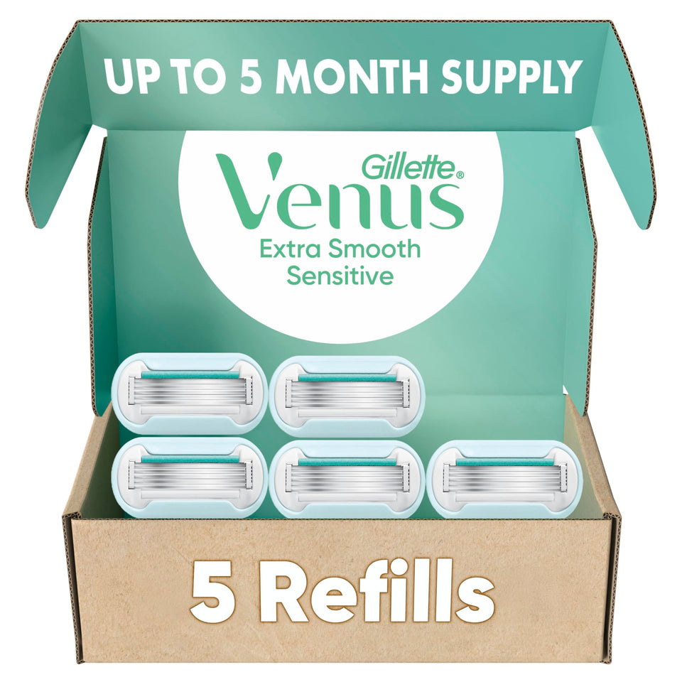 Gillette Venus front packaging showing five refill cartridges for convenient replacement