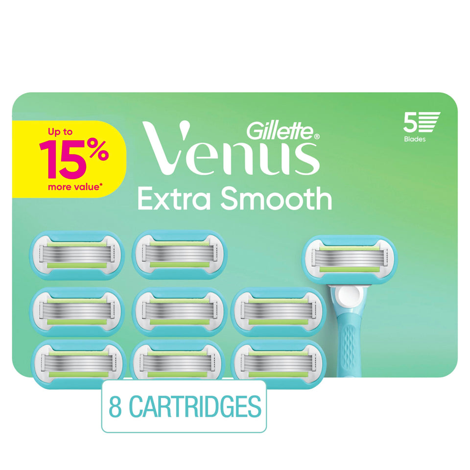 Gillette Venus front packaging showing eight refills and brand for convenience