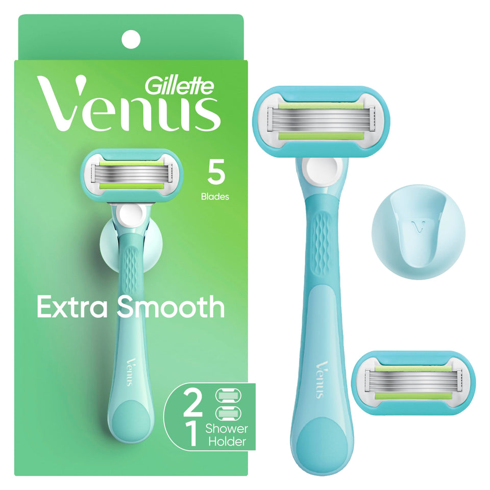 Gillette Venus front packaging showing reusable handle and two refills for easy grooming
