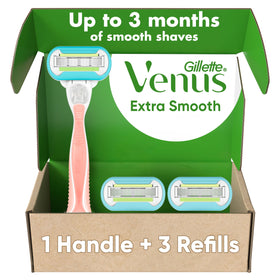 Gillette Venus front packaging showing pink handle and three refills for everyday smoothness