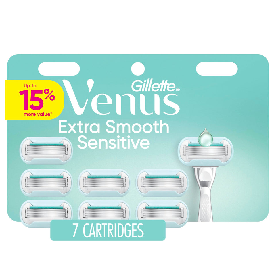 Gillette Venus front packaging showing seven refill cartridges and benefits