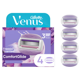 Gillette Venus front packaging showing freesia scent and four refills, convenience benefit