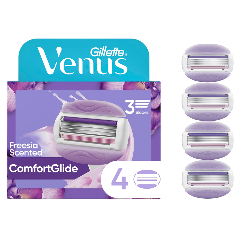 Gillette Venus front packaging showing freesia scent and four refills, convenience benefit
