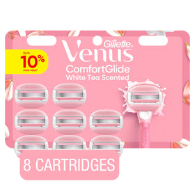 Gillette Venus front packaging showing white tea scent and 8 refills for easy restock