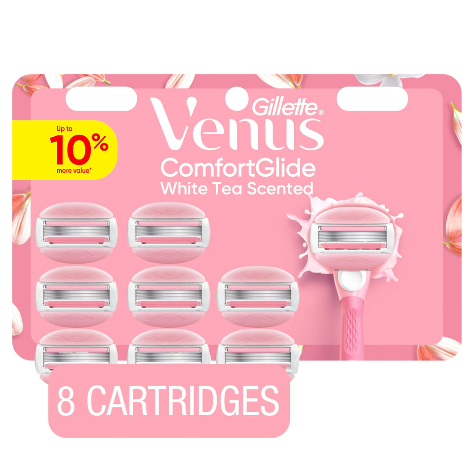 Gillette Venus front packaging showing white tea scent and 8 refills for easy restock
