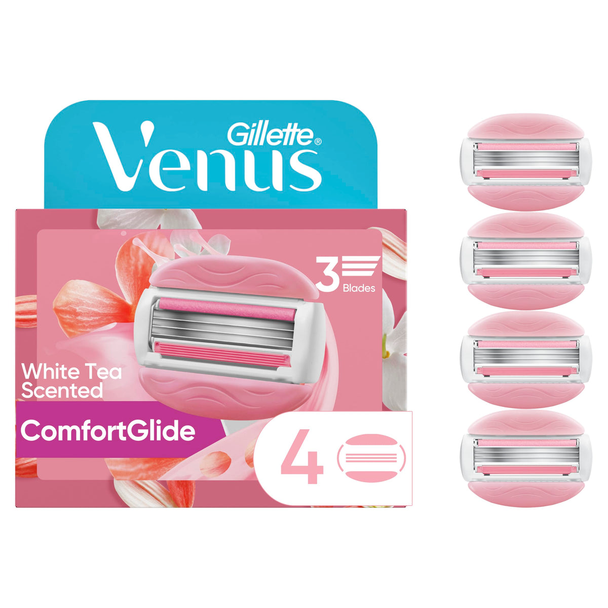 Gillette Venus front packaging showing four refill cartridges and benefits