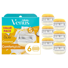 Gillette Venus front packaging showing six refill cartridges and benefits