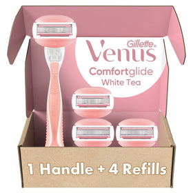 Gillette Venus front packaging showing handle and four refills for easy identification and convenience