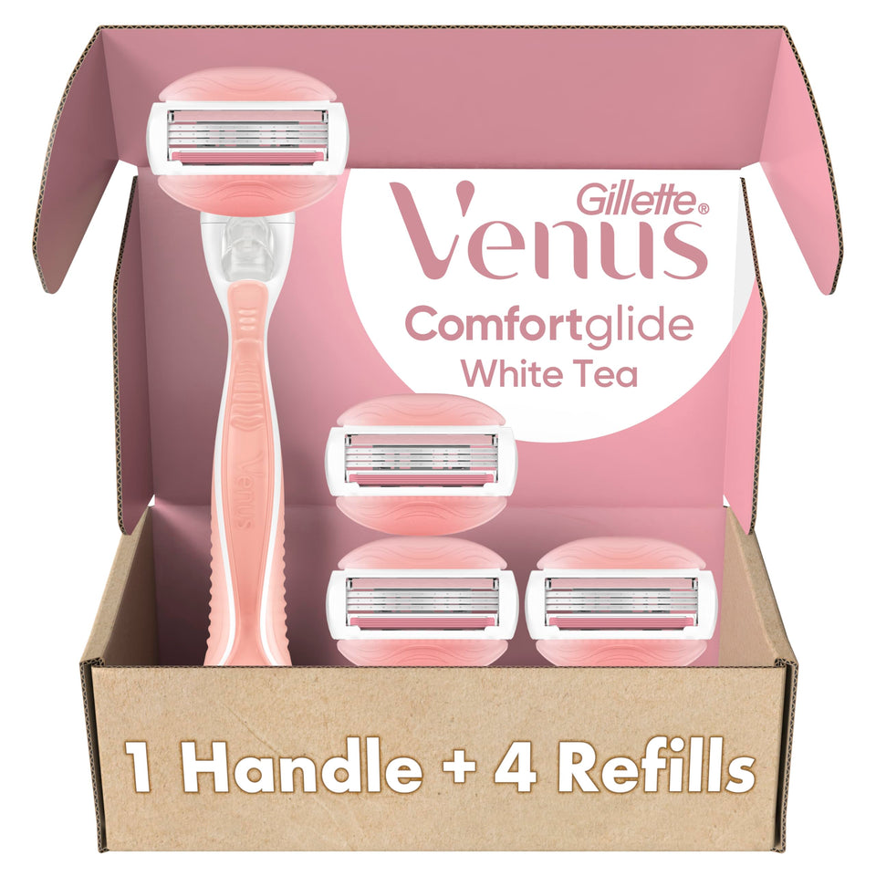 Gillette Venus front packaging showing handle and four refills for easy identification and convenience