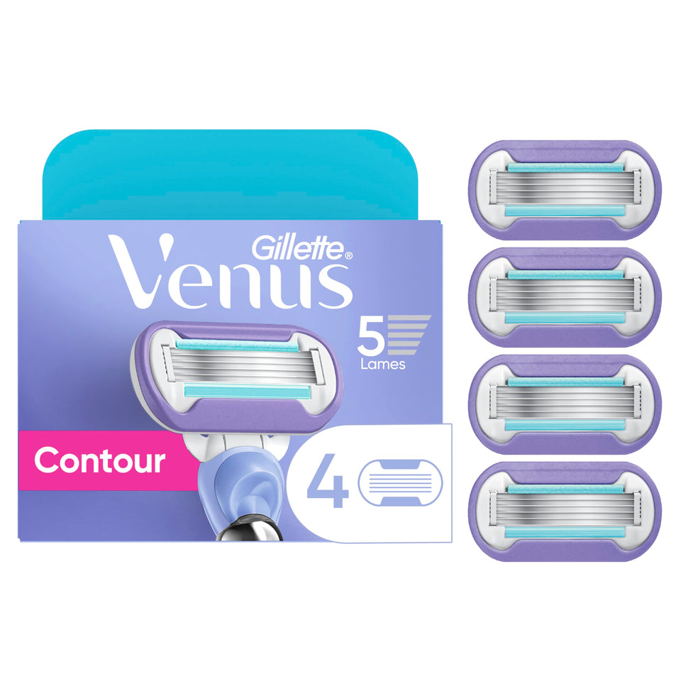 Gillette Venus front packaging showing four replacement cartridges and benefits