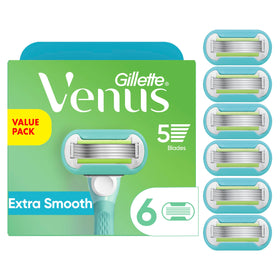 Gillette Venus front packaging showing six refill cartridges and product benefits