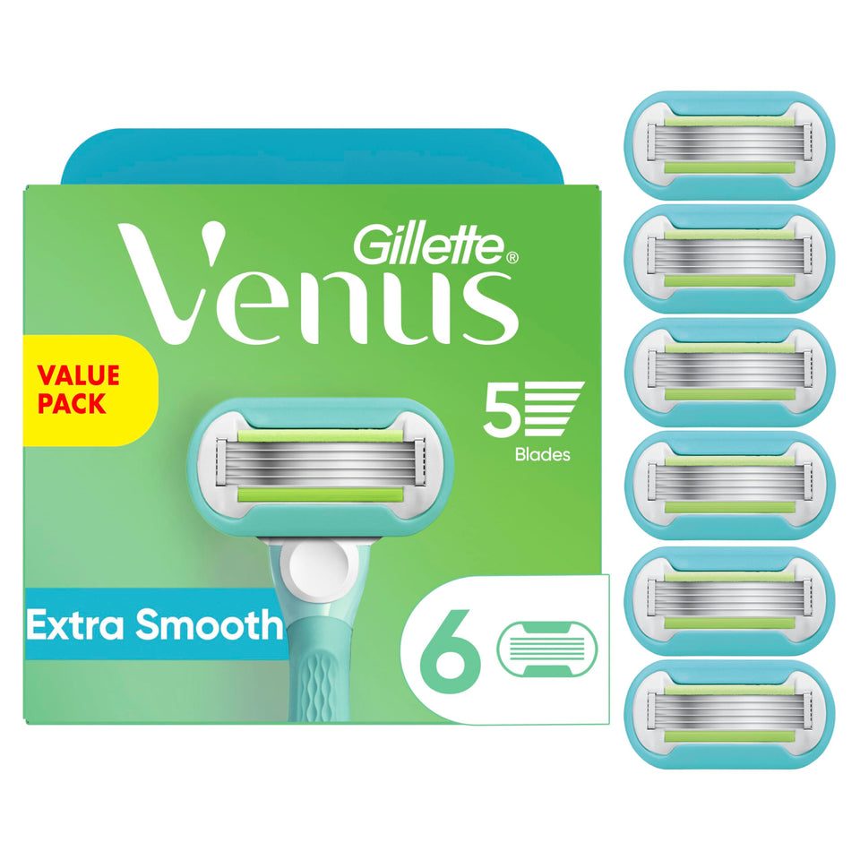 Gillette Venus front packaging showing six refill cartridges and product benefits