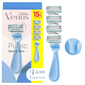 Gillette Venus front packaging showing system and refills, promotes gentler shaving
