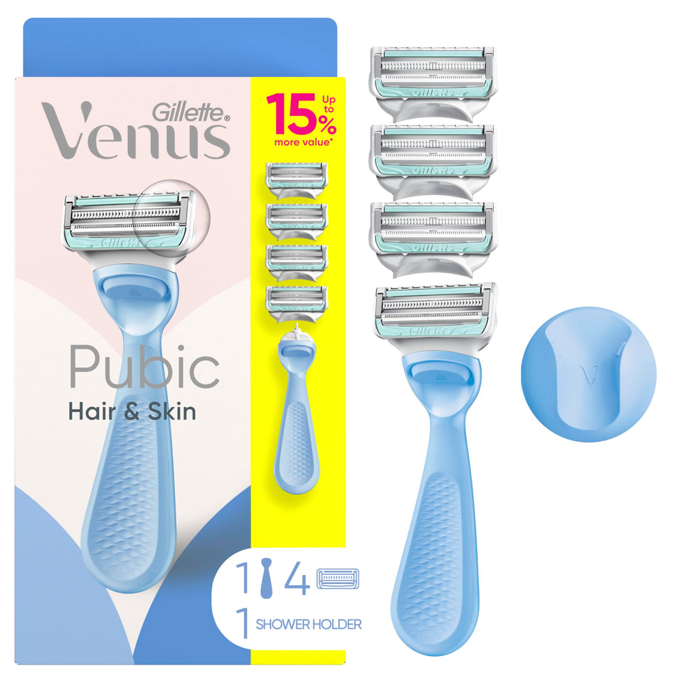 Gillette Venus front packaging showing system and refills, promotes gentler shaving