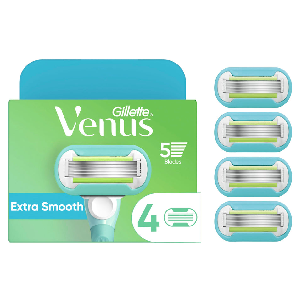 Gillette Venus front packaging showing four refill cartridges and benefits