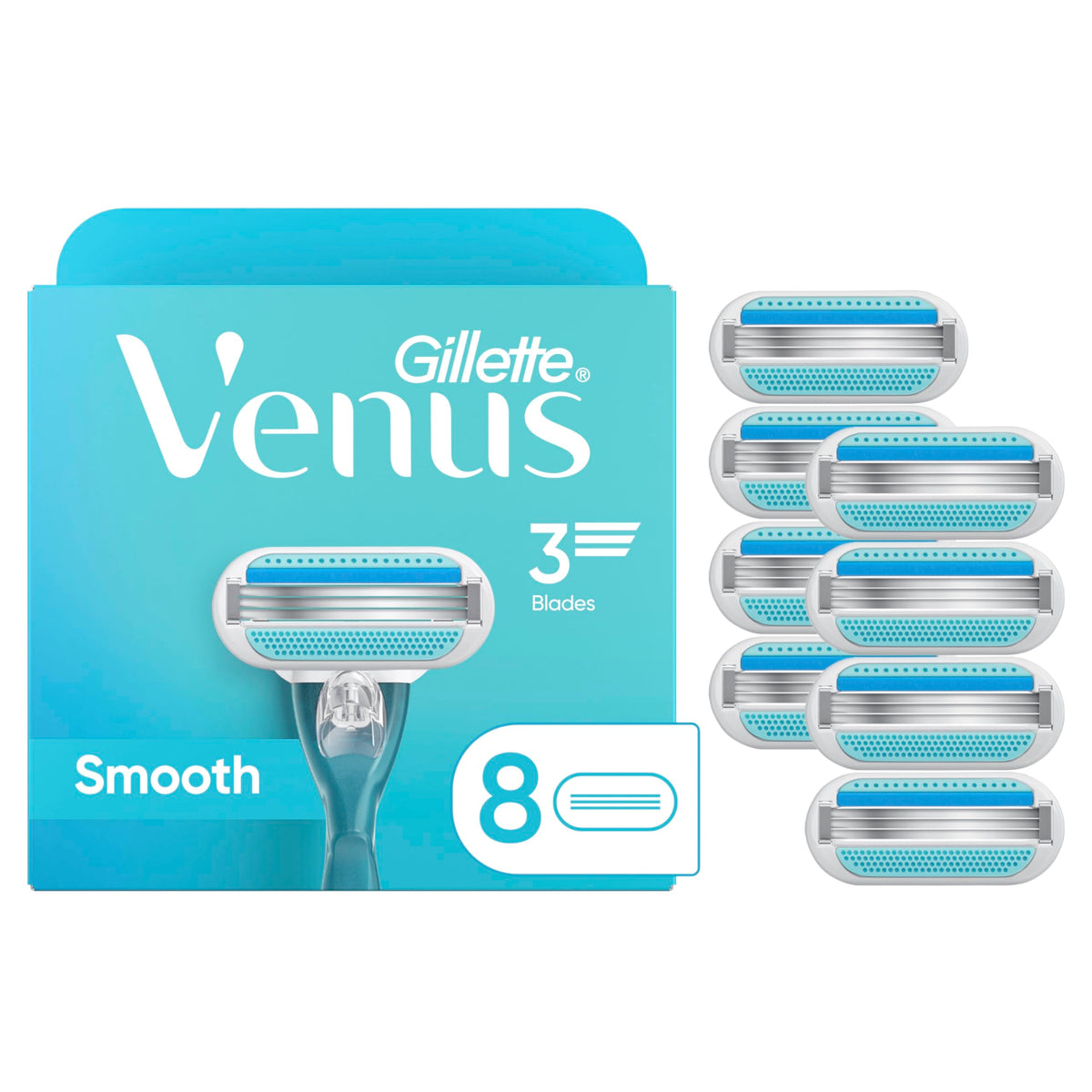 Gillette Venus front packaging showing eight blade refills and value