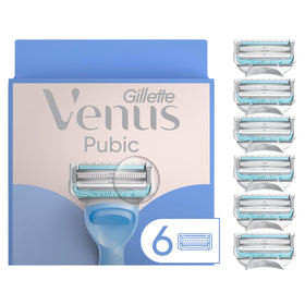 Gillette Venus front packaging showing six intimate razor blade refills and benefits