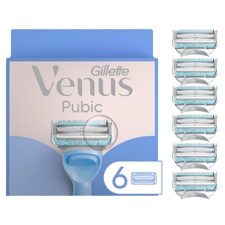 Gillette Venus front packaging showing six intimate razor blade refills and benefits