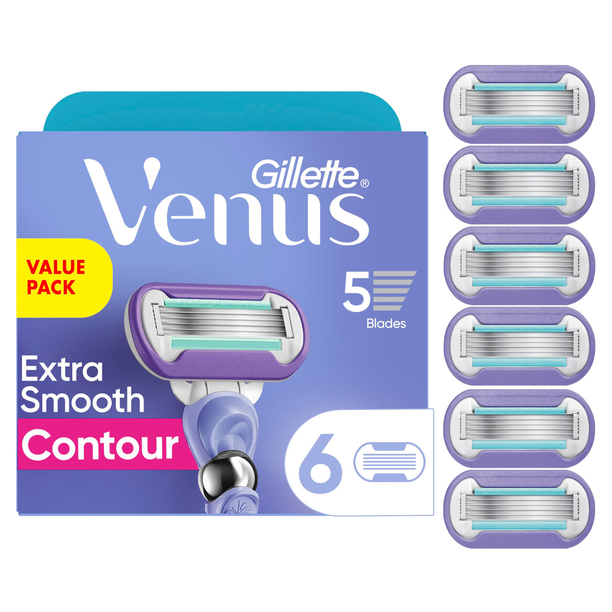 Gillette Venus front packaging showing six refill cartridges and clear branding for easy purchase decision