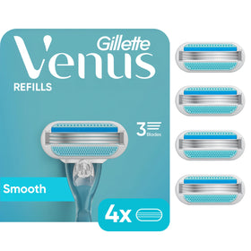 Gillette Venus front packaging showing four refill cartridges and brand benefit