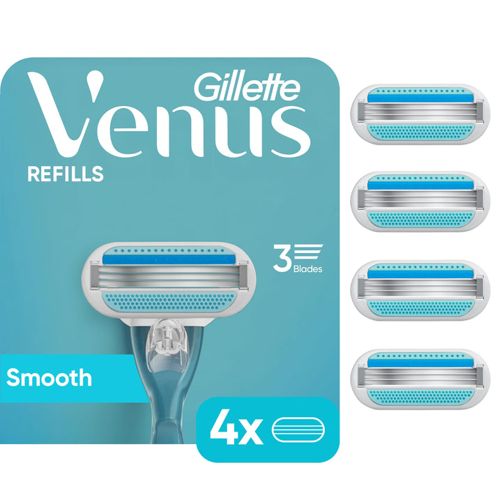 Gillette Venus front packaging showing four refill cartridges and brand benefit