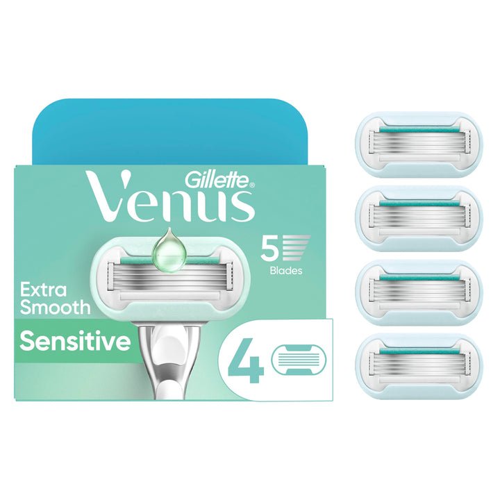 Gillette Venus front packaging showing four blade refills and branding benefit