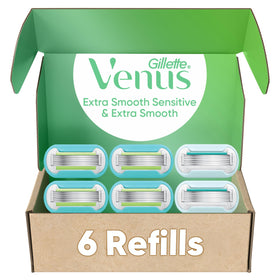 Gillette Venus front packaging showing six refill cartridges and benefits