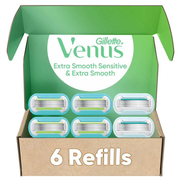 Gillette Venus front packaging showing six refill cartridges and benefits