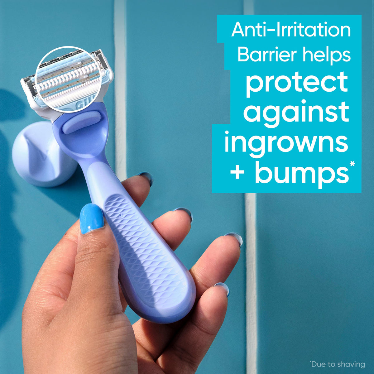 Gillette Venus handle close-up with CalmCurve grip for steady control when wet