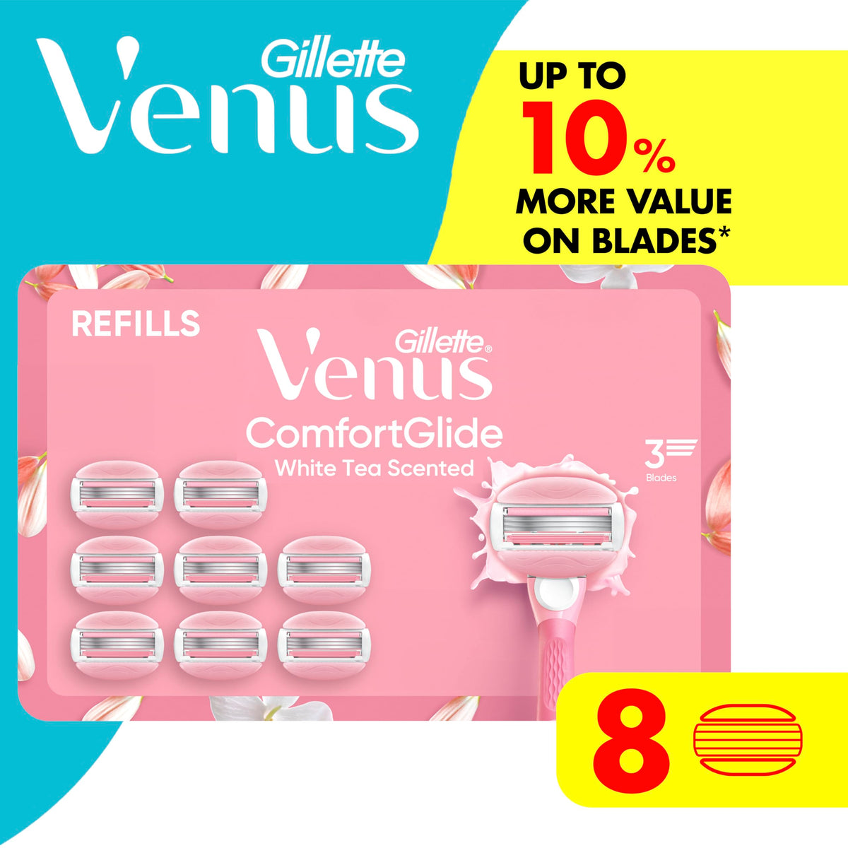 Gillette Venus razor in shower lifestyle shot showing one-step shave without extra gel