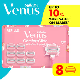 Gillette Venus razor in shower lifestyle shot showing one-step shave without extra gel