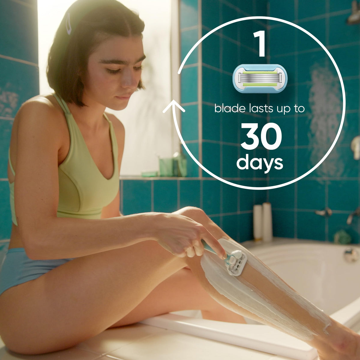 Woman shaving leg with Gillette Venus razor illustrating smooth glide and comfortable shave finish