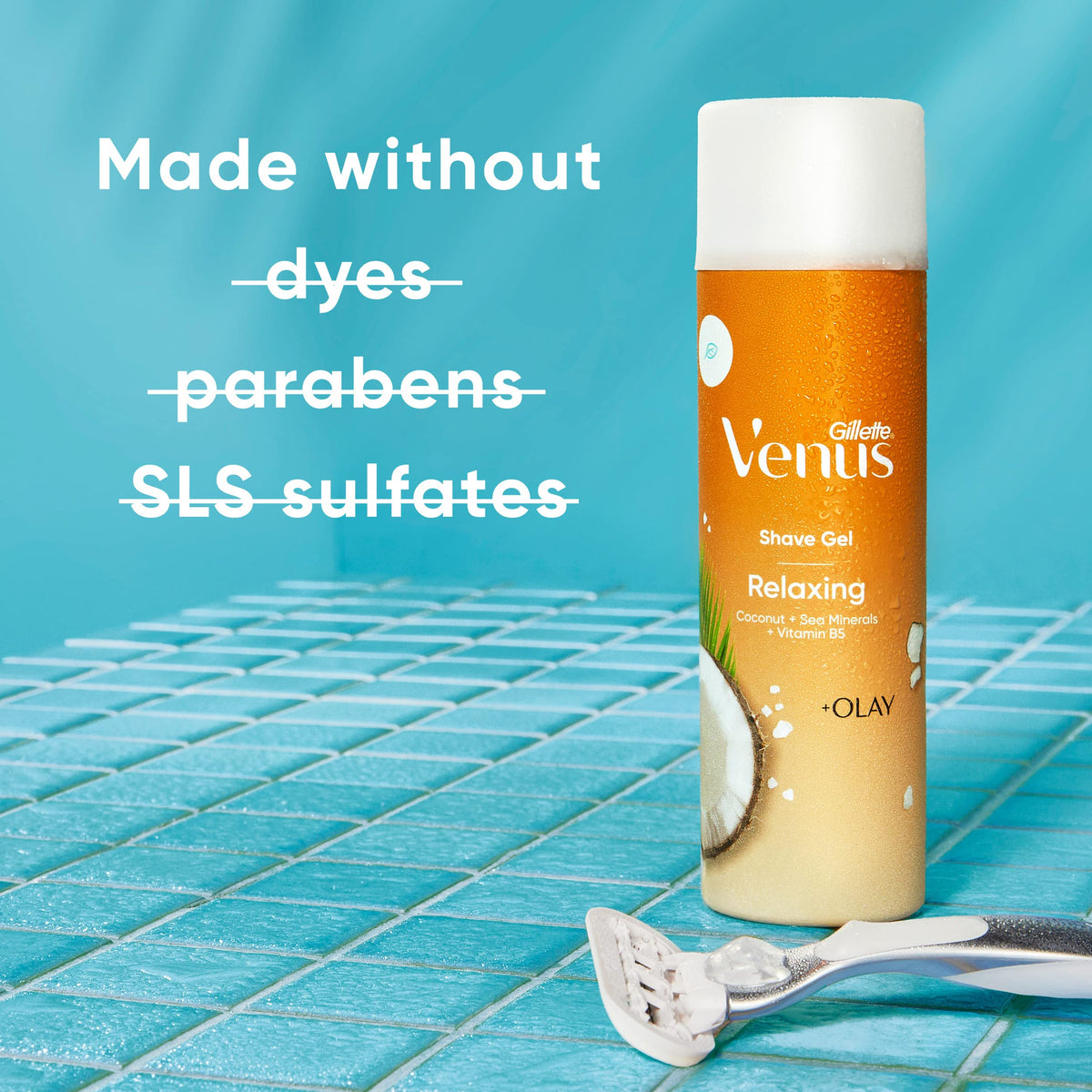 Gillette Venus ingredient label detail showing vitamin B5 and Olay moisture