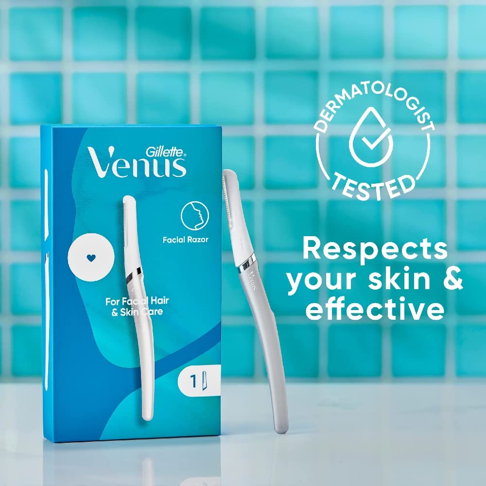 Gillette Venus dermaplaning kit on bathroom counter for skincare routine