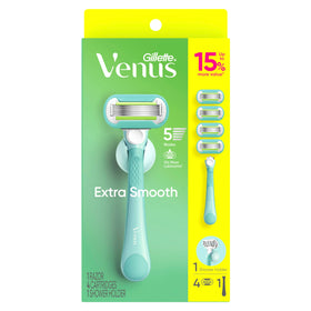 Bathroom countertop scene with Gillette Venus kit staged to show everyday grooming convenience and storage
