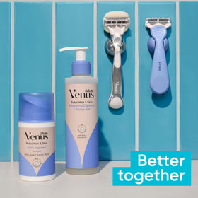 Gillette Venus staged bathroom setting illustrating a gentle pubic grooming routine