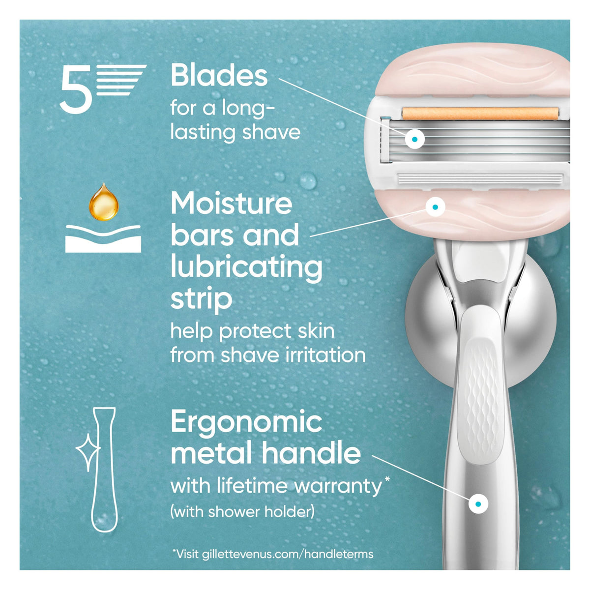 Gillette Venus metal handle close-up highlighting weighted ergonomic control