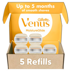 Gillette Venus front pack showing five refill cartridges and benefits