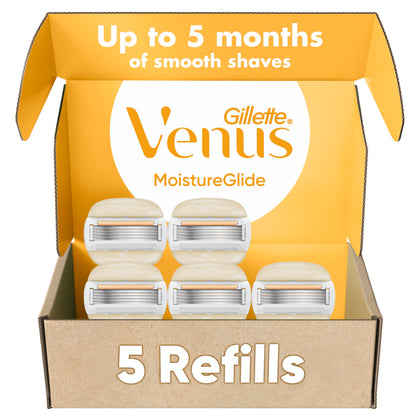 Gillette Venus front pack showing five refill cartridges and benefits