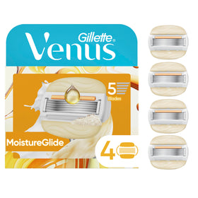 Gillette Venus front packaging showing four MoistureGlide refills and product benefits