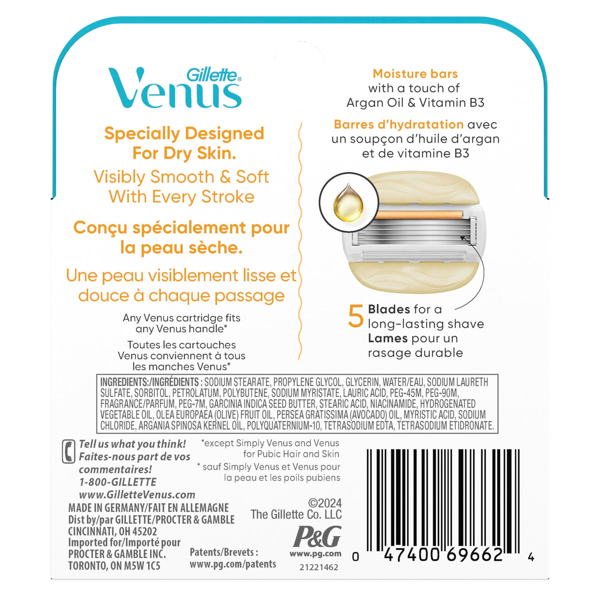 Gillette Venus refills arranged to show included cartridges and clear labeling