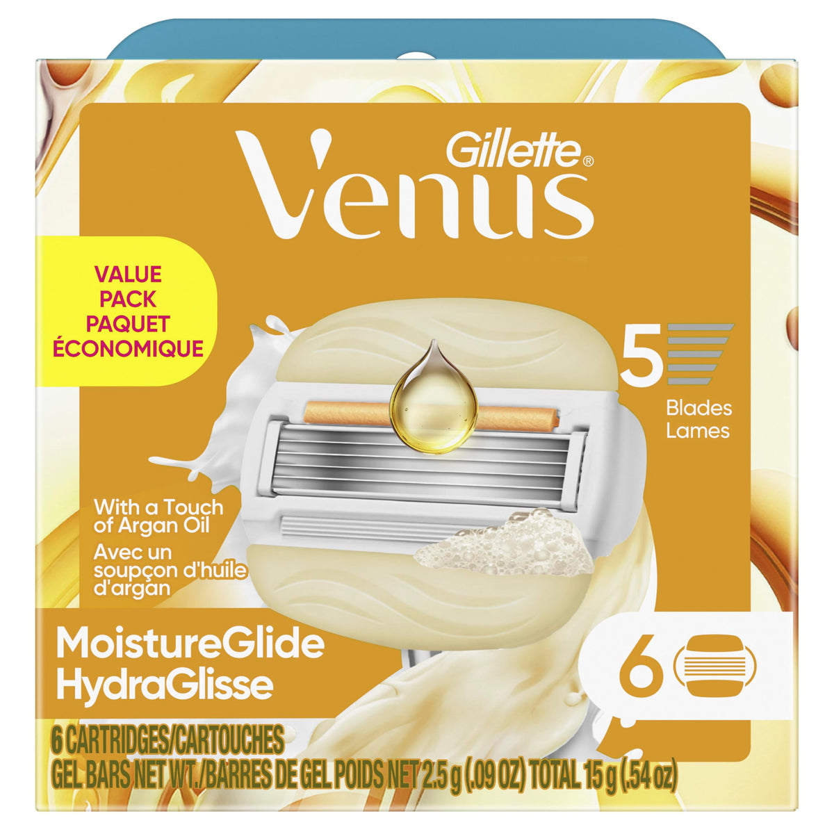 Gillette Venus packaging back label highlighting features and fit information