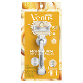 Gillette Venus kit contents overhead showing handle, two refills and holder