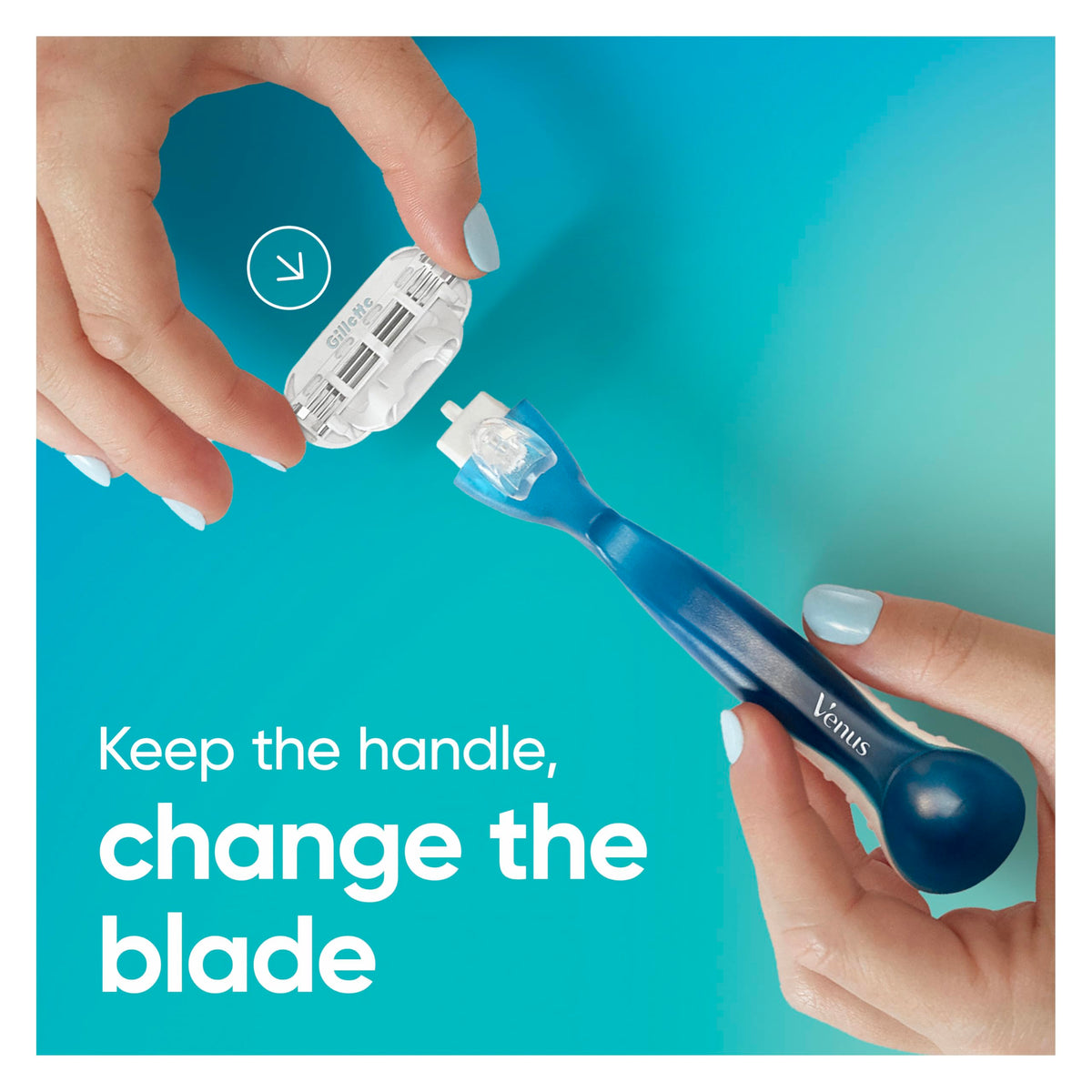 Gillette Venus pivoting head demonstrated on curved skin for contouring
