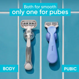 Gillette Venus pubic razor head close-up showing small profile for tricky areas