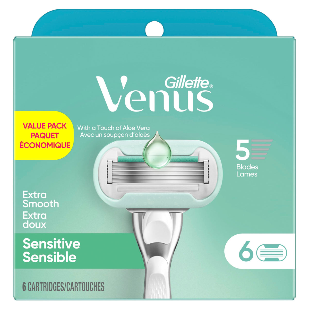 Gillette Venus six refills laid out to show multi-pack supply and value