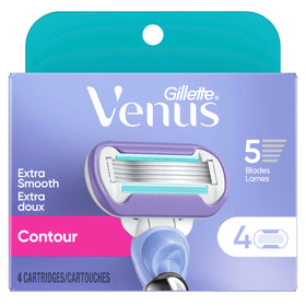 Gillette Venus refills beside a ruler to show cartridge size and scale