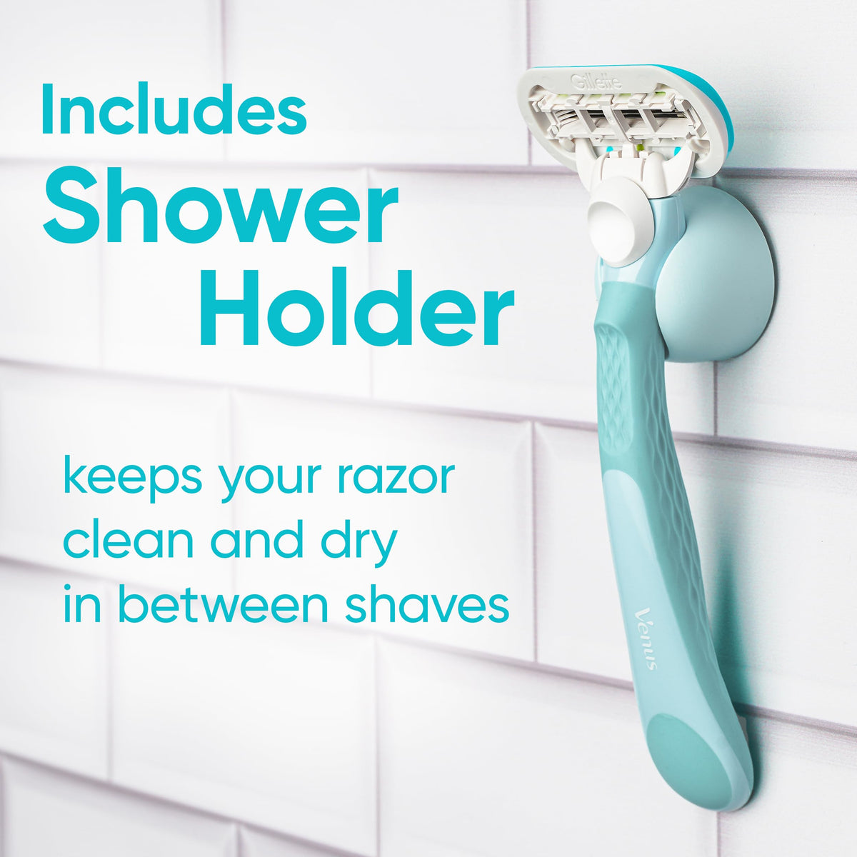 Mounted shower holder with Gillette Venus razor kept upright to help keep blades dry and tidy